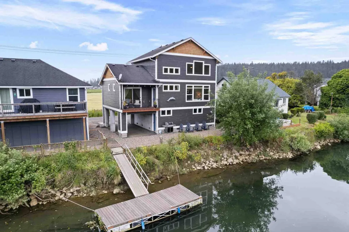 The image features a modern house perched along the banks of the Nestucca River, with a private dock extending over the tranquil water. The scene captures a breathtaking sunset reflecting off the river, a spacious deck perfect for relaxing, and the lush, peaceful surroundings of Pacific City.